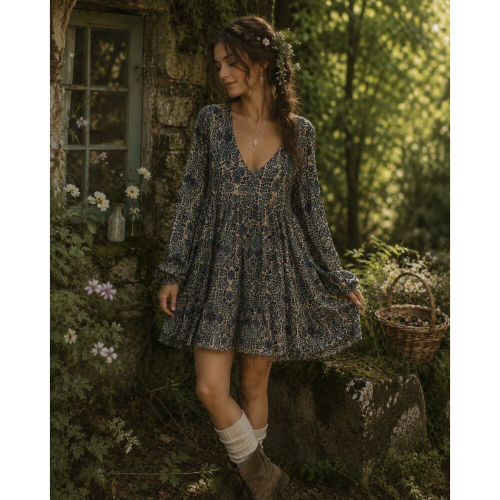 Show Me Your Mumu Blue Fairycore Festival Peasant Mini Dress Boho Cottagecore M
